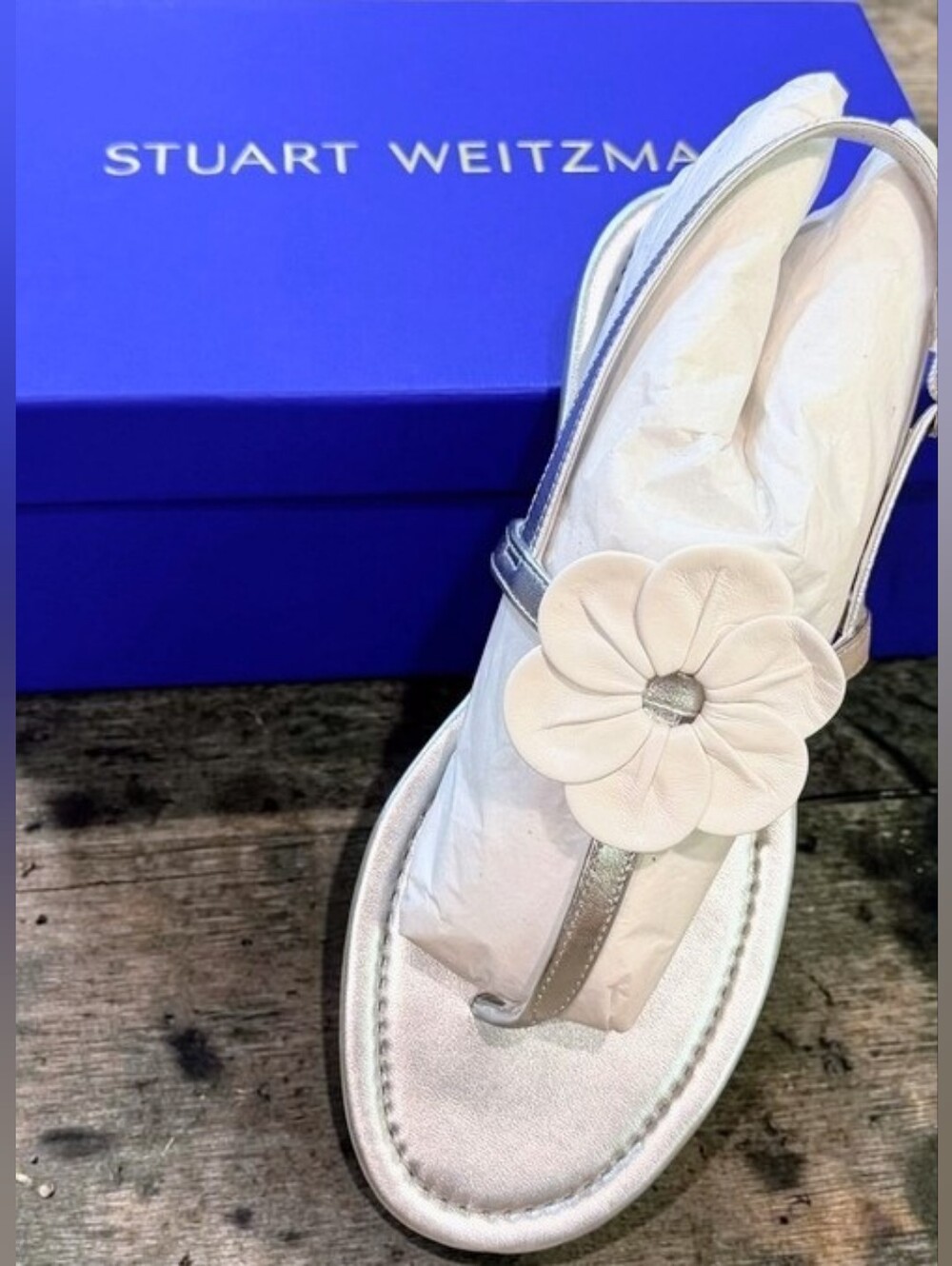 Stuart Weitzman X Sandy Liang Silver & White Flower Thong Sandals NIB $325 Sz 7